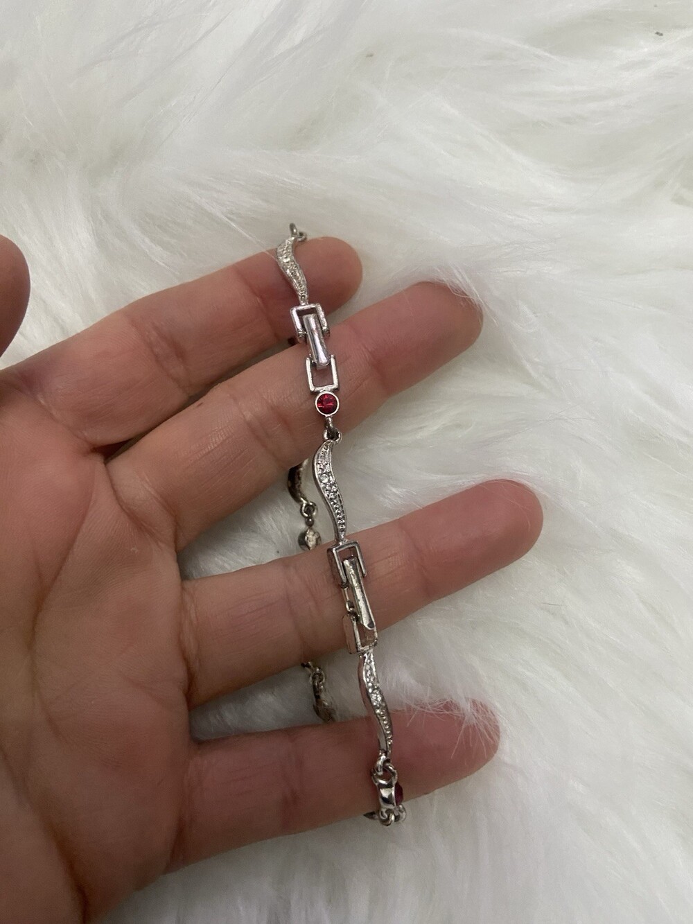 Avon Red Ruby Ribbon Tennis Bracelet Rhinestone 8.5"